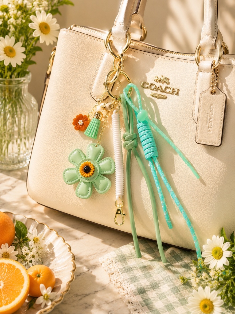 Mint Bloom Cluster Bag Charm | Floral Purse Charm Keychain - Picture 2 of 4